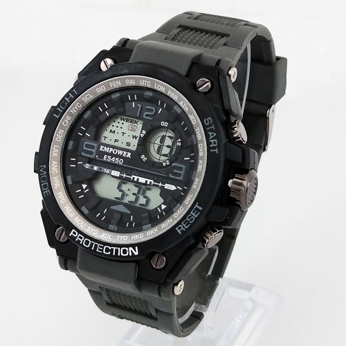 ساعت مچی دیجیتال مردانه امپاور مشکی با بندطوسی EMPOWER مقاوم در برابرآب چراغدار کرنومتردار اسپرت ورزشیSPORT خاکستری بندرابر