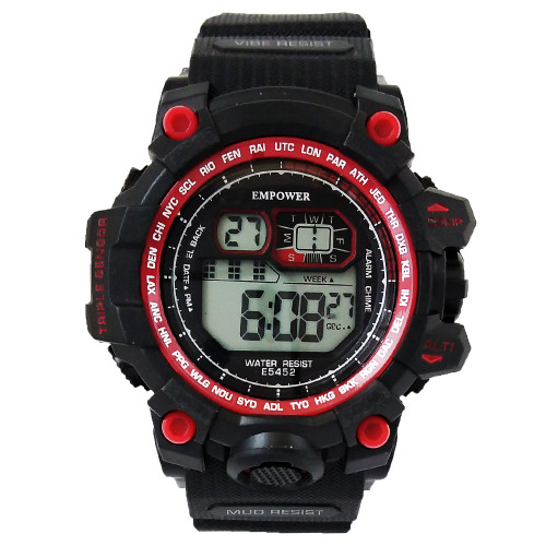 ساعت مچی دیجیتال مردانه امپاور مشکی قرمز EMPOWER مقاوم در برابر آب چراغدار کرنومتردار اسپرت ورزشیSPORT