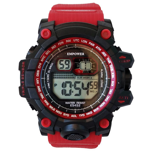 ساعت اسپرت ورزشیSPORT مچی دیجیتال مردانه امپاور مشکی قرمز EMPOWER مقاوم در برابر آب چراغدار کرنومتردار