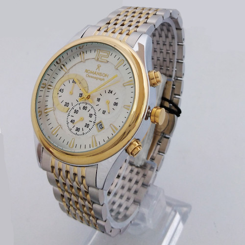 ساعت بندفلزی مردانه رومانسون مردانه طلایی نقره ای سه موتور کرنوگراف تاریخ دار ضدآب ROMANSON ارسال رایگان کادو