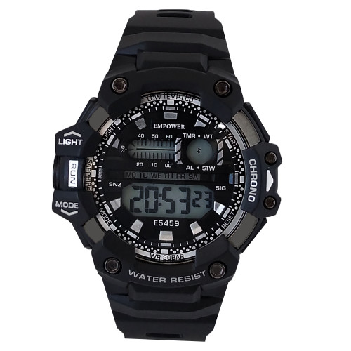 ساعت دیجیتال مردانه امپاور مشکی نقره ای پسرانه ضدآب کرنومتر دار چراغدار تایمر باکیفیت تک سوراخ