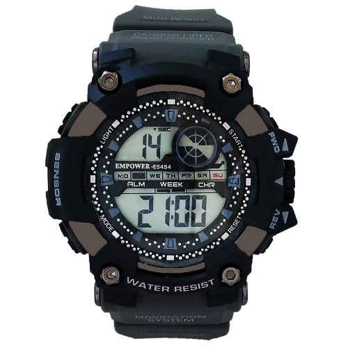 ساعت اسپرت پسرانه ضدآب دیجیتال مردانه امپاور مشکی طوسی خاکستری کرنومتر دار چراغدار تایمر باکیفیت ارسال رایگانEMPOWER دوسوراخ