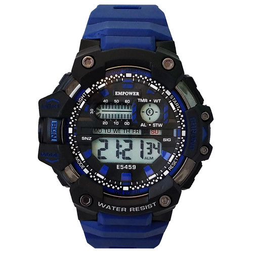 ساعت مشکی آبی مچی دیجیتال پسرانه امپاور EMPOWER ضدآب چراغ دار نورهفت رنگ تاریخ و کرنومتر اسپرت SPORT تک سوراخ
