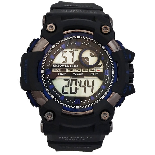 ساعت مردانه اسپرت SPORTپسرانه ضدآب دیجیتال امپاور مشکی آبی کرنومتر دار چراغدار سورمه ای تایمر باکیفیت دوسوراخ