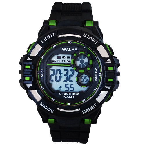 دیجیتالی والار ساعت دیجیتال مشکی سبز پسرانه ضدآب و ضدضربه باکیفیت WALARساعت SPORT چراغدار تاریخدار